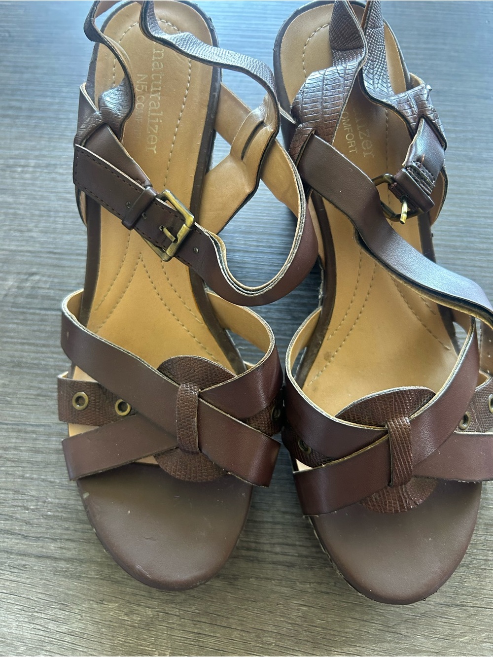 Naturalizer Brown Strappy Buckle Wedge Sandals